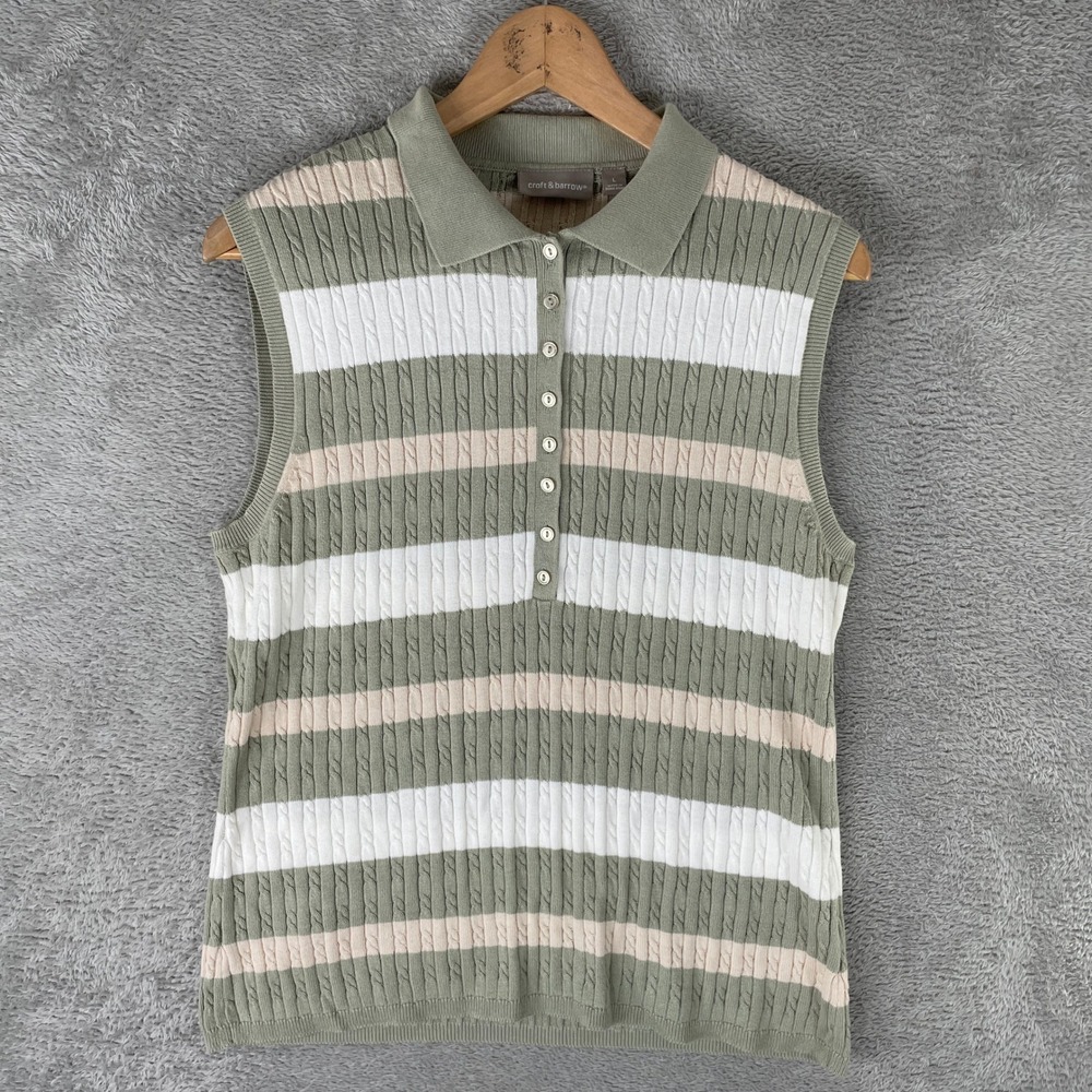 Croft & Barrow Sleeveless Polo Sweater Womens L Green Striped Cable Knit Cottage